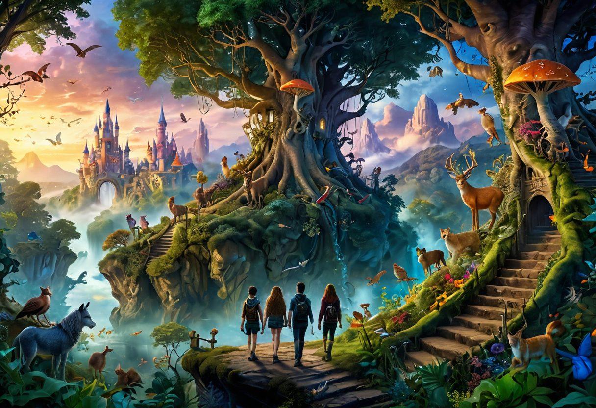 A captivating scene depicting a group of diverse adolescents embarking on a journey from a whimsical fantasy land filled with mythical creatures to a vibrant, real-world landscape. The transition should be visually striking, showing elements like a fantastical forest merging into a bustling city. Include expressions of wonder and excitement on their faces, and emphasize the contrast between fantasy and reality. dreamlike details combined with realistic elements. vibrant colors. surreal art.
