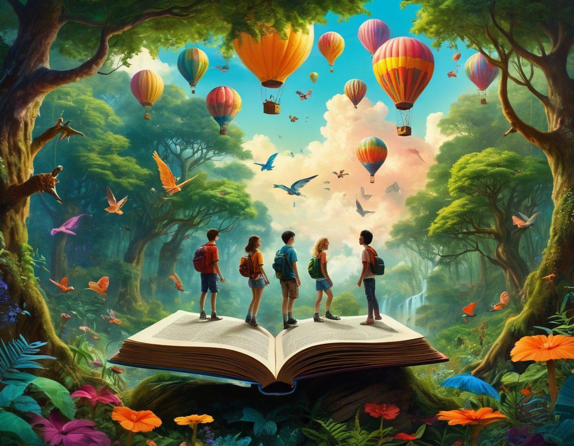 A vibrant scene depicting a group of diverse teenagers embarking on a whimsical adventure through a lush forest filled with fantastical creatures and surreal landscapes. They are engaged in various imaginative activities, such as flying on oversized books and painting the skies with colors. The setting radiates a sense of wonder and exploration, evoking the spirit of youth and creativity. bright colors, surreal. expressive art style.