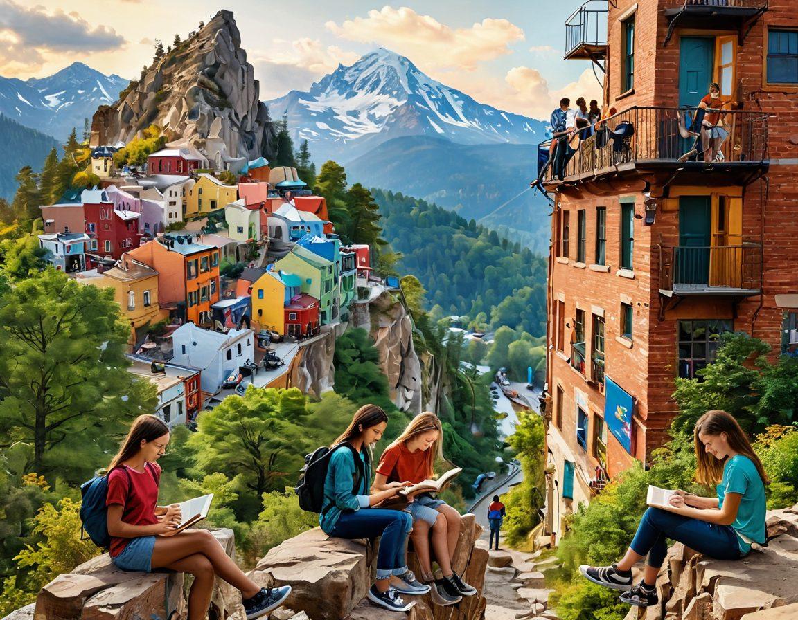 A vibrant collage depicting a diverse group of teenagers embarking on various adventures: one climbing a mountain, another exploring an urban landscape, a third reading a book in a cozy café, and others engaging in creative activities like art and music. Include elements of nature, city life, and imagination to reflect exploration and discovery. The color palette should be bright and inviting, evoking a sense of freedom and curiosity. super-realistic. vibrant colors. white background.